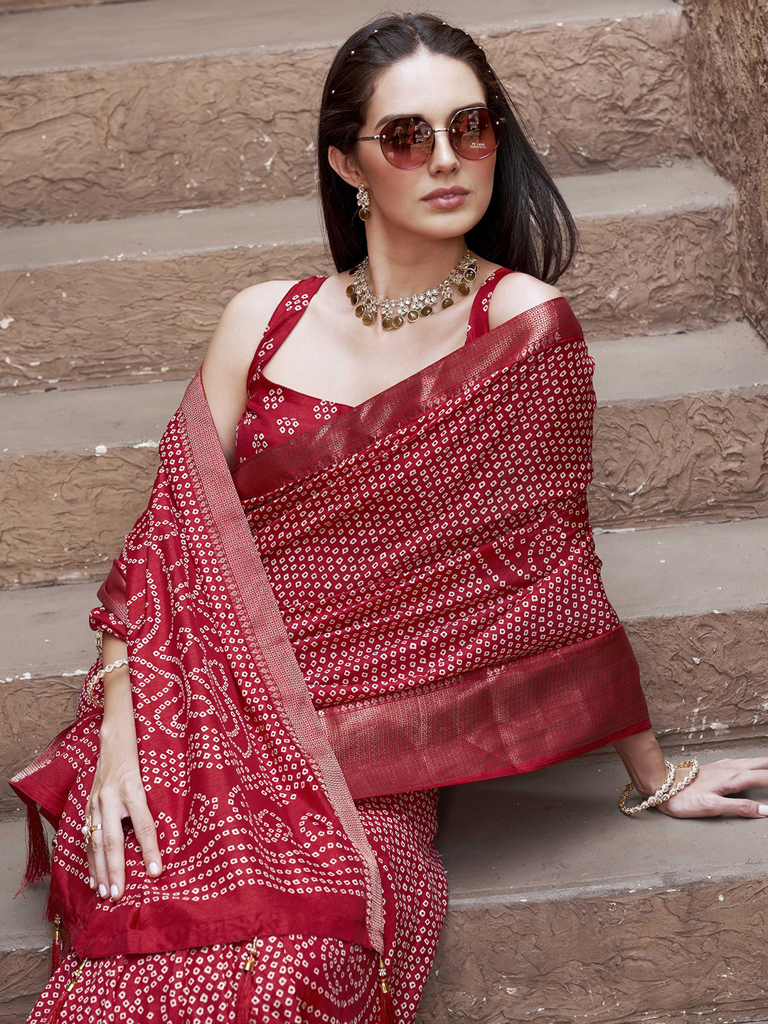 Tikhi Imli Bandhani Print Ready To Wear Saree with Zari Border