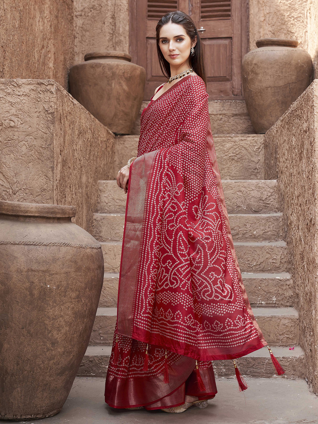 Tikhi Imli Bandhani Print Ready To Wear Saree with Zari Border