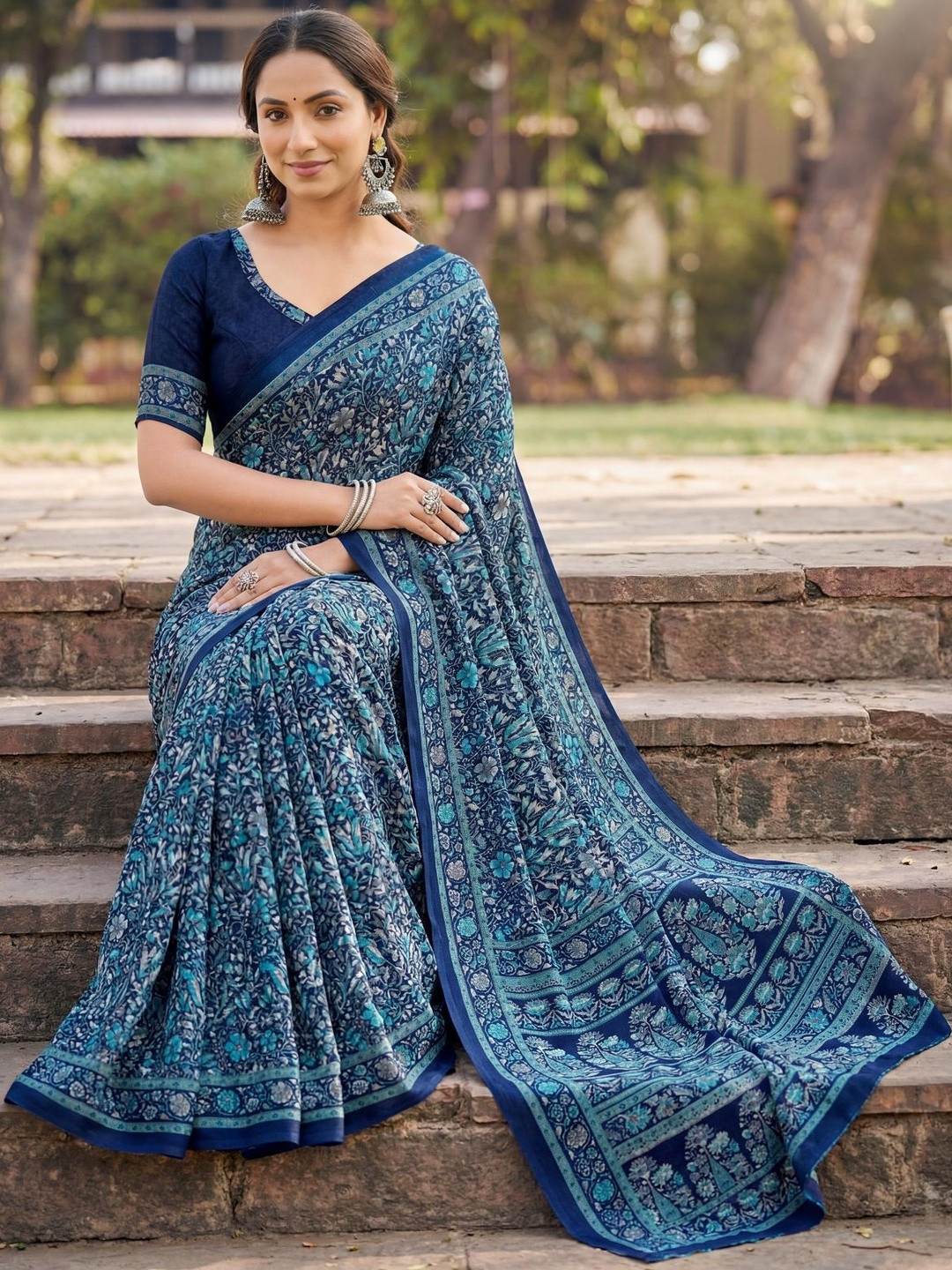 Vipul Blue Crepe Printed Sarees