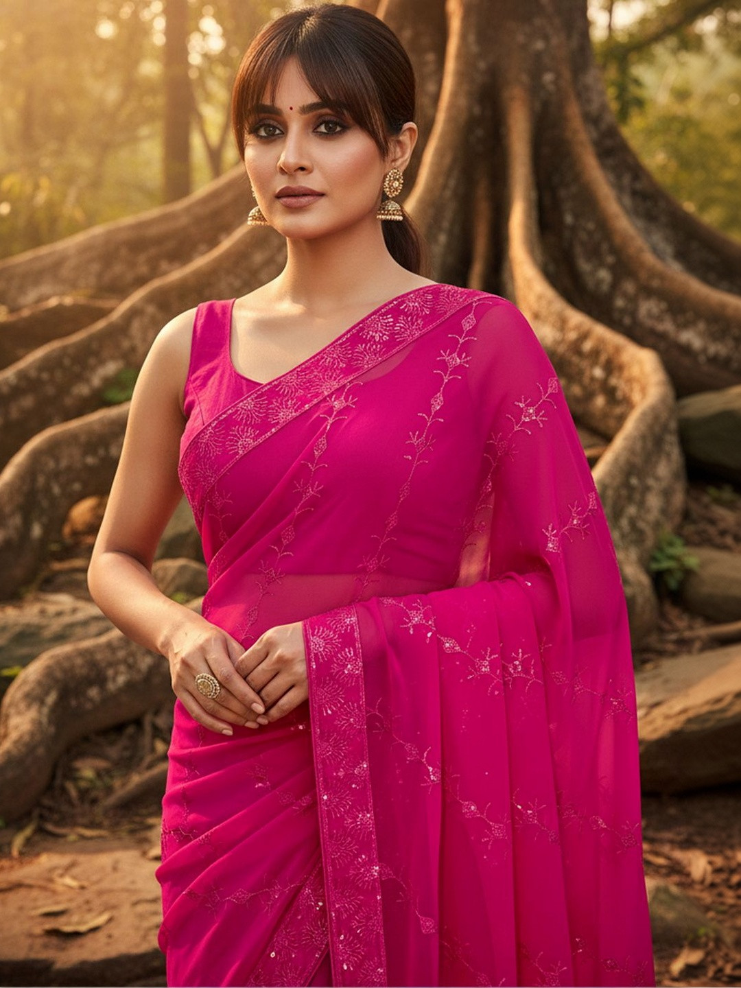 FABLAND Magenta Georgette Sequin Embroidery Sarees