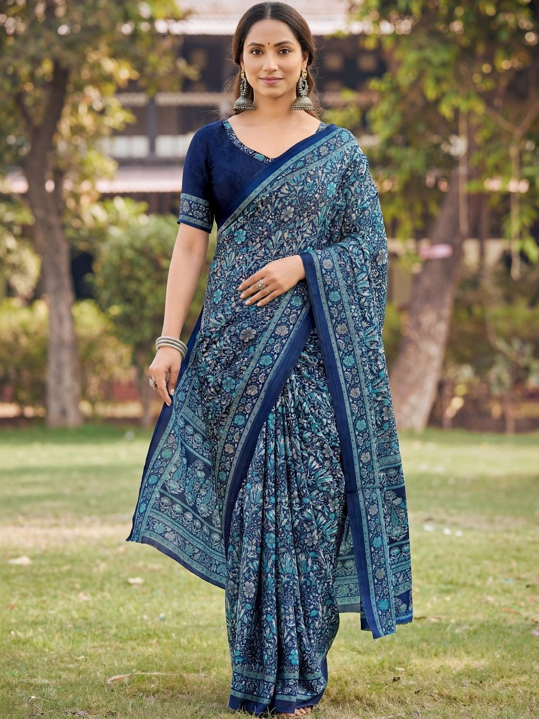 Vipul Blue Crepe Printed Sarees