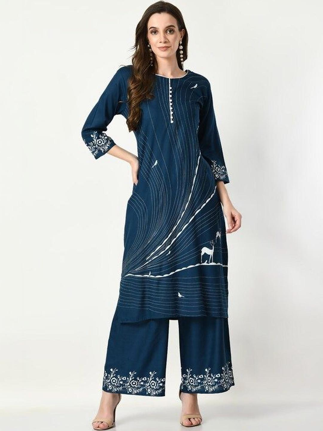 Moda Rapido Women Printed Regular Mirror Work Kurta with Trousers