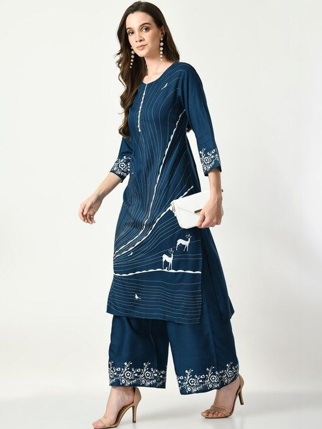Moda Rapido Women Printed Regular Mirror Work Kurta with Trousers