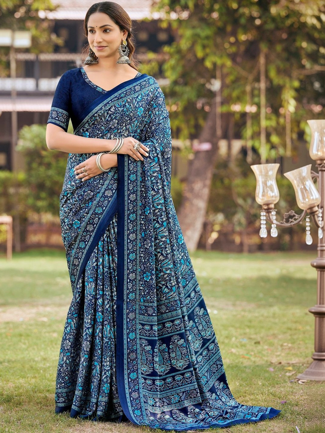 Vipul Blue Crepe Printed Sarees