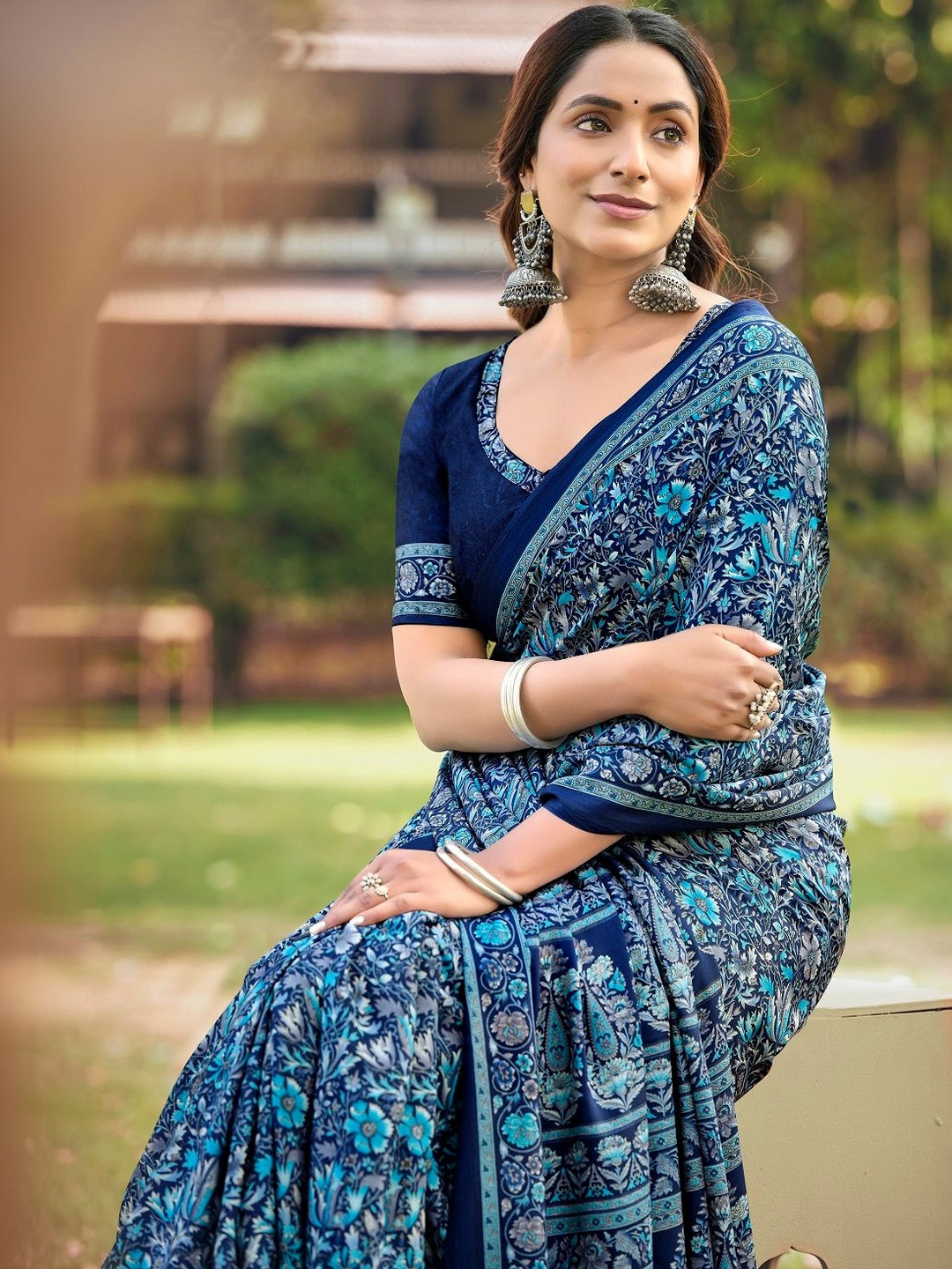 Vipul Blue Crepe Printed Sarees