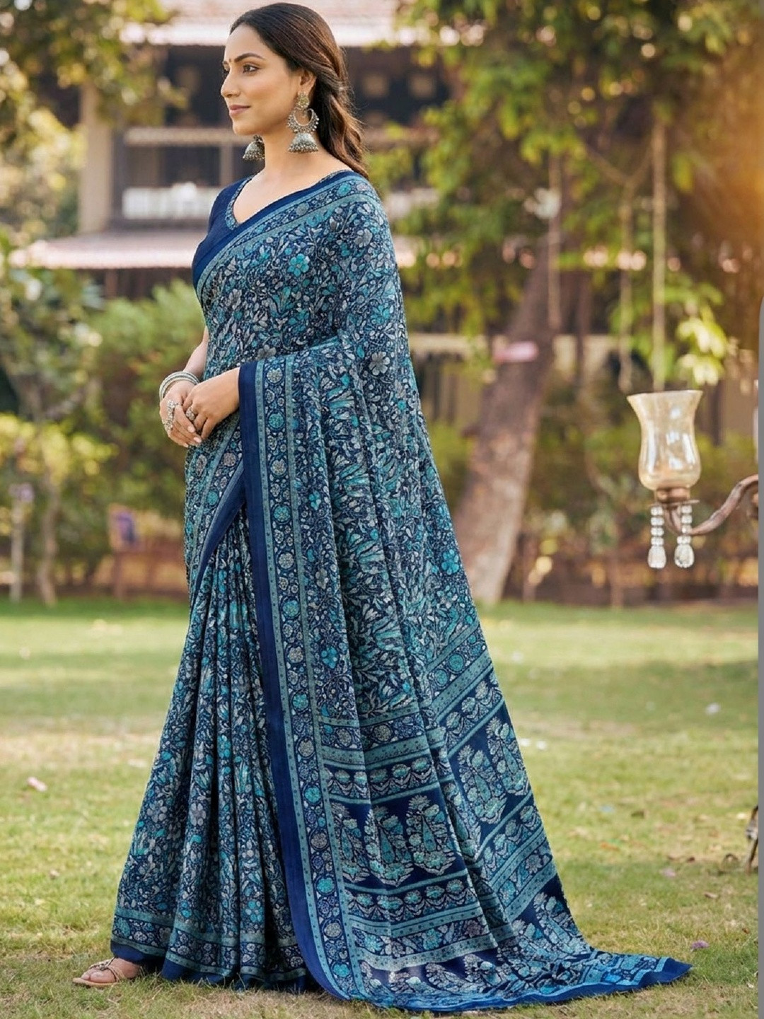 Vipul Blue Crepe Printed Sarees