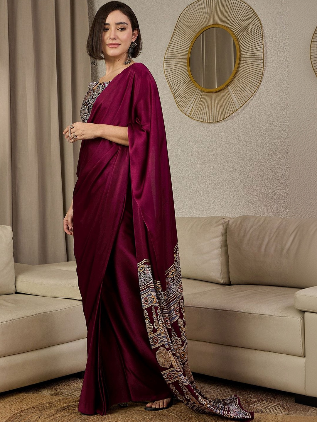 Mitera Ajrak Satin Ready To Wear Block Printed Saree