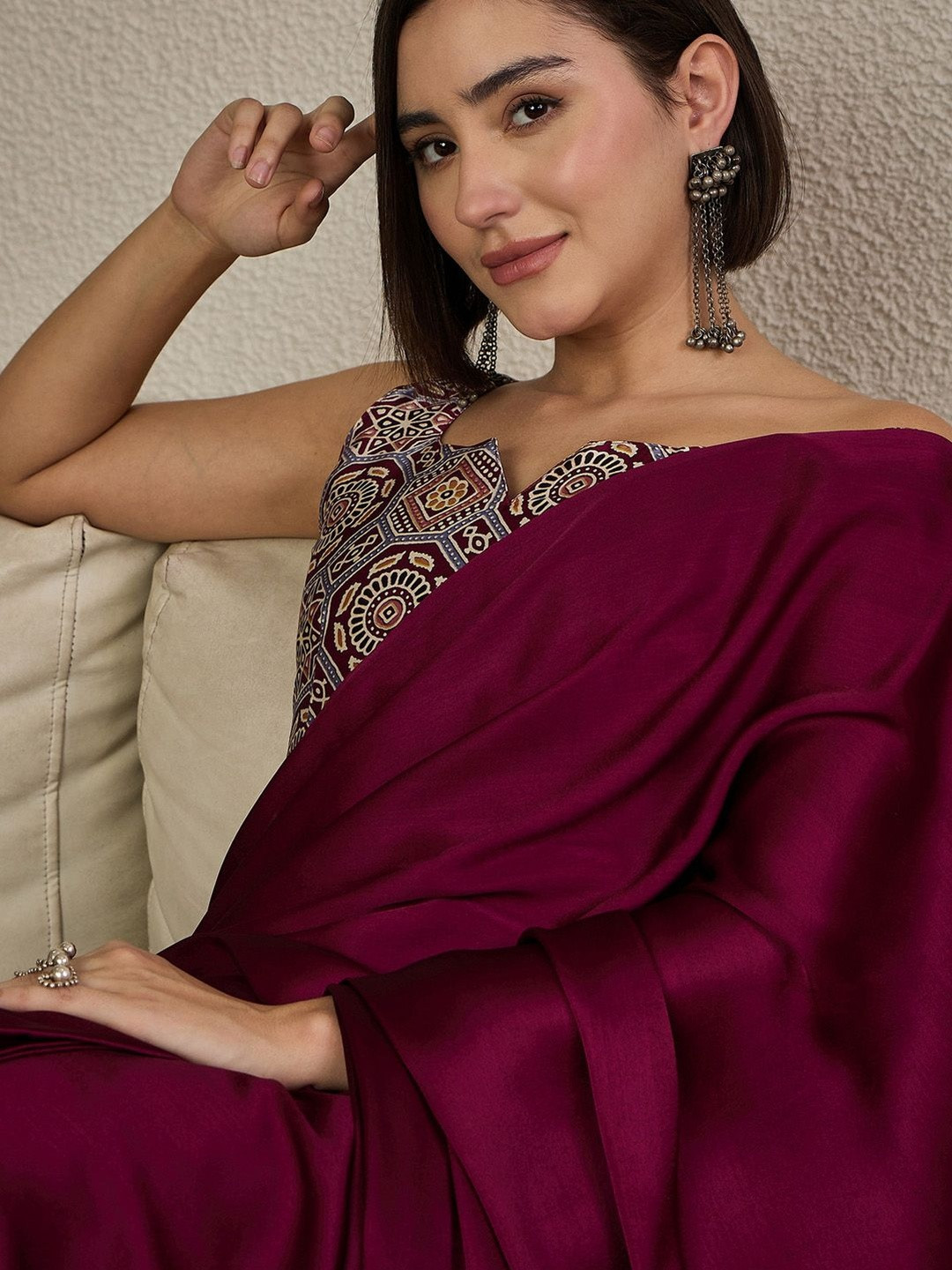 Mitera Ajrak Satin Ready To Wear Block Printed Saree