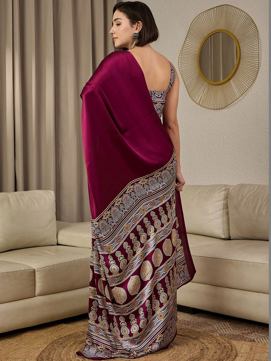 Mitera Ajrak Satin Ready To Wear Block Printed Saree