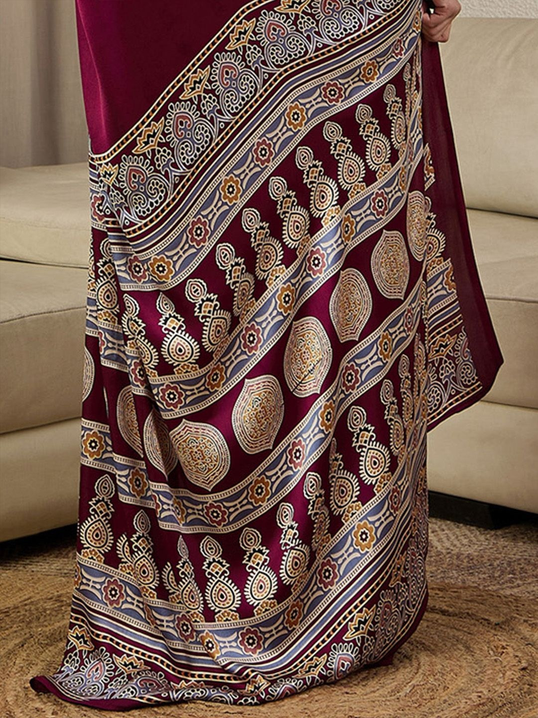 Mitera Ajrak Satin Ready To Wear Block Printed Saree