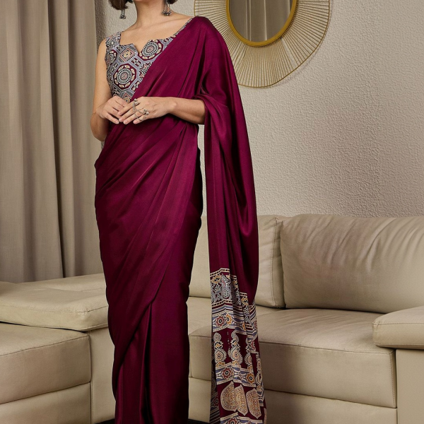 Mitera Ajrak Satin Ready To Wear Block Printed Saree